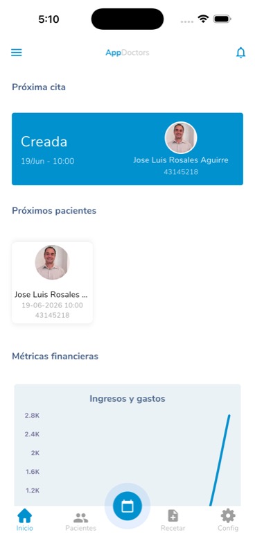 Pantalla de inicio de la app para médicos
